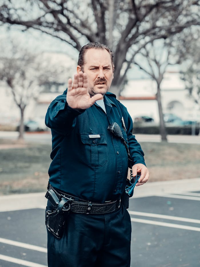 A male police officer in uniform extends his arm to direct traffic in an outdoor setting.